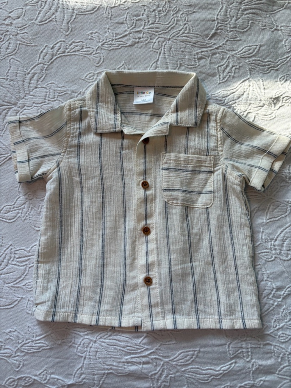 Little co 18m Boys' Cream & Blue Striped Short-Sleeve Button Shirt